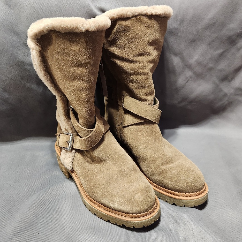 Sam Edelman Jailyn Tan Suede Faux Fur Lined Lug Sole Moto Boots Womens 7M